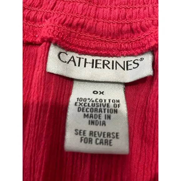 Catherines Top Womens 0X Red Embroidery Crepe Tassel Tie Smocked Neck Cotton - Picture 2 of 10